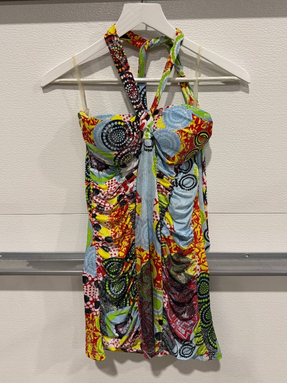 Bacci Multicolor Abstract Print Halter Mini Dress L/8 Ruched Tie Front Y2K